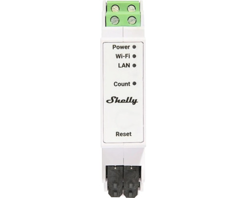 Modul Shelly smart home na DIN lištu s LED indikátormi pre Power, Wi-Fi, LAN, Count a resetovacím tlačidlom.