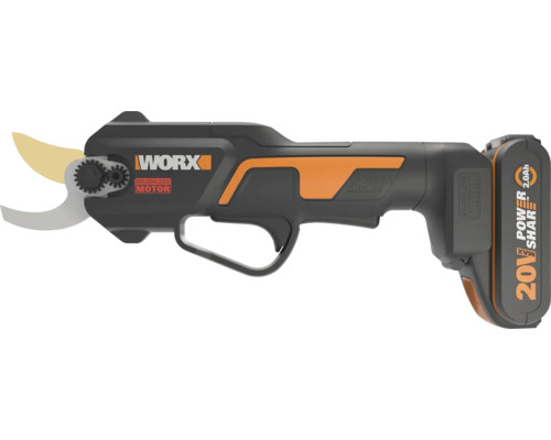 Akumulátorové záhradnícke nožnice Worx s bezuhlíkovým motorom a 20 voltovým akumulátorom pre presné strihanie.