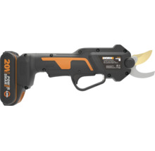 Akumulátorové nožnice na konáre WORX, 20 Voltov, s ergonomickou rukoväťou a zahnutou čepeľou.