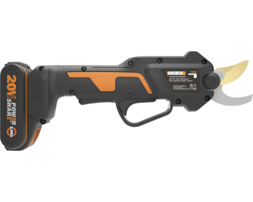Akumulátorové nožnice na konáre WORX, 20 Voltov, s ergonomickou rukoväťou a zahnutou čepeľou.