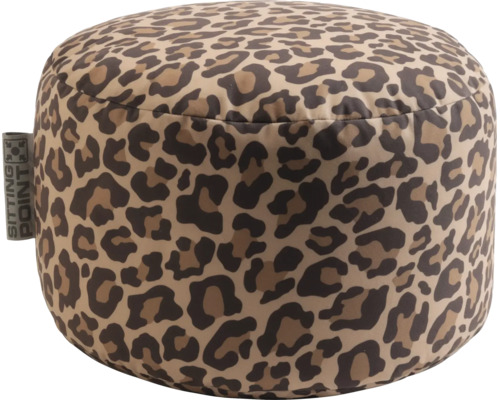 Okrúhly sedací puf s leopardím vzorom a Sitting Point Logo.