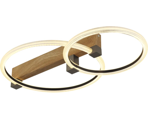 Moderné stropné LED svietidlo s dvoma svietiacimi kruhmi a dreveným trámom