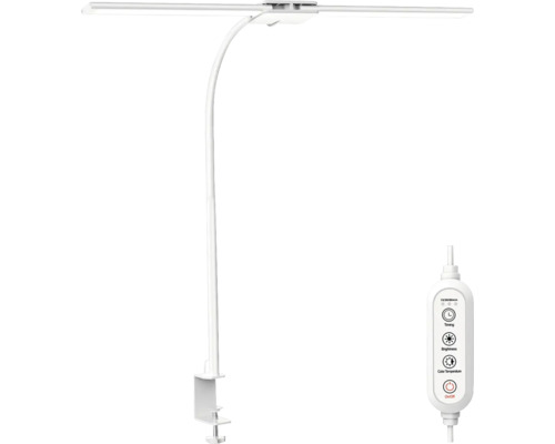 Stolná LED lampa s úchytom, s nastaviteľnou dvojitou svetelnou lištou, flexibilným krkom, stolnou svorkou a káblovým ovládačom.