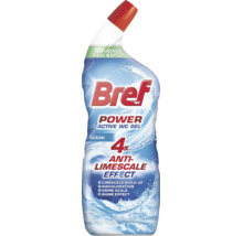 WC gél Bref Power Active Ocean so štvornásobným účinkom proti vodnému kameňu vo fľaši z recyklovaného plastu.