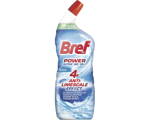 WC gél Bref Power Active Ocean so štvornásobným účinkom proti vodnému kameňu vo fľaši z recyklovaného plastu.