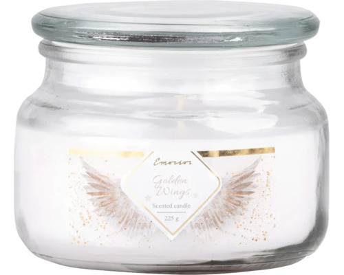 Vonná sviečka Emotion Golden Wings, 225 gramov, v sklenenom pohári s vrchnákom.