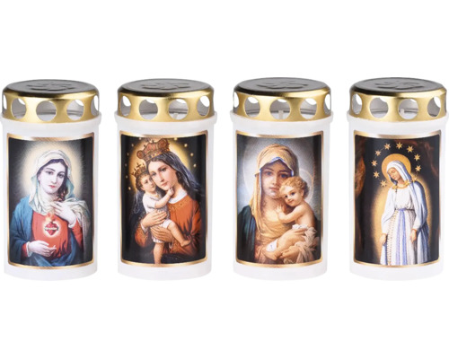 Štyri cintorínske sviečky s rôznymi motívmi Madony, bielym plastovým krytom a zlatým kovovým vekom s vetracími otvormi.
