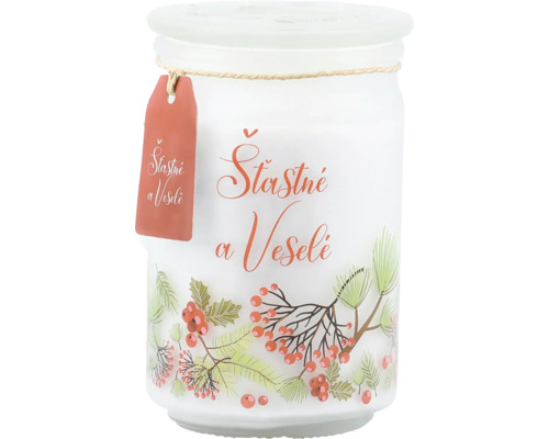 Vonná sviečka v skle s vianočným motívom borovicových vetvičiek, bobúľ a nápisom Šťastné a Veselé.