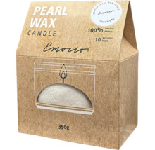Logo Emocio, perličková vosková sviečka Cashmere v 350 gramovom balení, 100 percentný prírodný produkt, vrátane 10 knôtov.