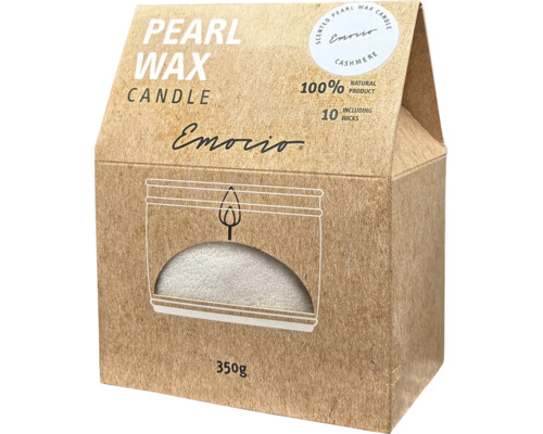 Logo Emocio, perličková vosková sviečka Cashmere v 350 gramovom balení, 100 percentný prírodný produkt, vrátane 10 knôtov.