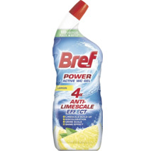 Bref Power Active WC gél s vôňou citrónu vo fľaši so štvornásobným účinkom proti vodnému kameňu na čistenie toaliet.