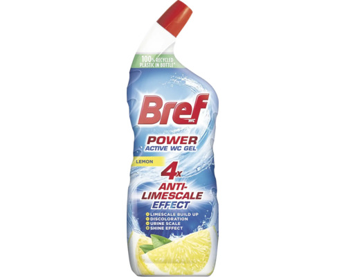 Bref Power Active WC gél s vôňou citrónu vo fľaši so štvornásobným účinkom proti vodnému kameňu na čistenie toaliet.