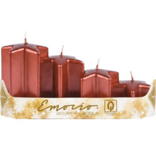 Štyri adventné sviečky v tvare hviezdy v odstupňovaných výškach s červeným metalickým efektom. Emorio Logo. Certifikát kvality od Z-Trade.