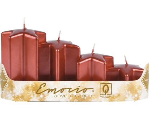 Štyri adventné sviečky v tvare hviezdy v odstupňovaných výškach s červeným metalickým efektom. Emorio Logo. Certifikát kvality od Z-Trade.