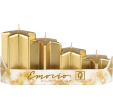 Štyri zlaté adventné sviečky v tvare hviezdy v rôznych výškach. Logo Emorio. Certifikát kvality Z-Trade.