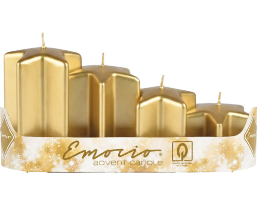 Štyri zlaté adventné sviečky v tvare hviezdy v rôznych výškach. Logo Emorio. Certifikát kvality Z-Trade.