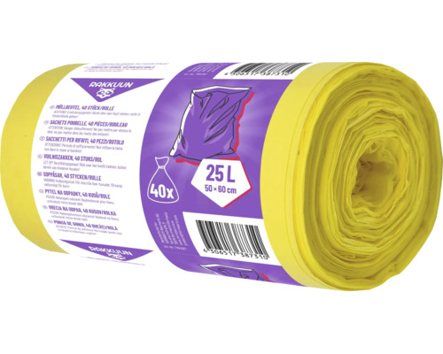 Rola so 40 žltými vreciami na odpad Rakkuun, objem 25 litrov, rozmery 50 krát 60 centimetrov.