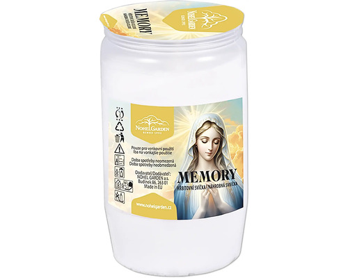 Náhrobná sviečka Nohel Garden Memory v bielom plastovom kelímku s motívom Panny Márie na etikete.