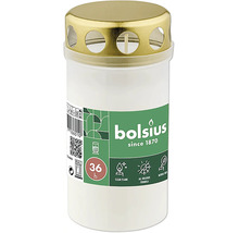 Hrobová sviečka Bolsius v bielom plastovom kelímku s kovovým vrchnákom zlatej farby a dobou horenia 36 hodín.