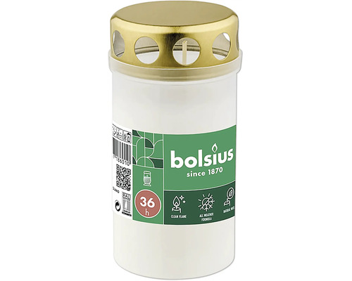 Hrobová sviečka Bolsius v bielom plastovom kelímku s kovovým vrchnákom zlatej farby a dobou horenia 36 hodín.