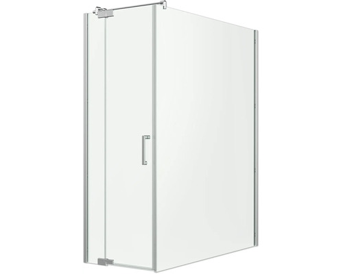 Rohový sprchovací kút z číreho skla s otočnými dverami, chrómovanými profilmi a kovovým madlom.