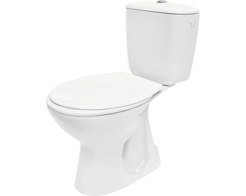 Stojace WC kombi z bielej keramiky so splachovacou nádržkou a uzatvoreným WC sedadlom.