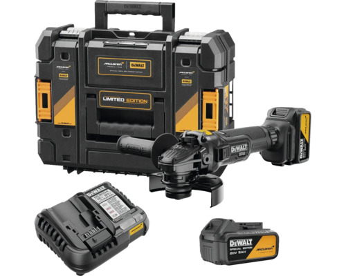 Sada akumulátorovej uhlovej brúsky DeWalt McLaren Limited Edition s kufrom TSTAK, nabíjačkou a dvoma 18-voltovými akumulátormi.