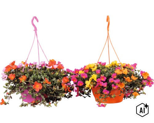 Dva závesné kvetináče s kvitnúcou portulakou veľkokvetou (Portulaca) v rôznych farbách. (Image AI modified or generated)