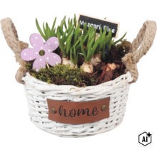 Posadený prútený košík s modricami (Muscari), machom, ozdobným kvetom a ceduľkou v košíku s uškami a nápisom home. (Image AI modified or generated)