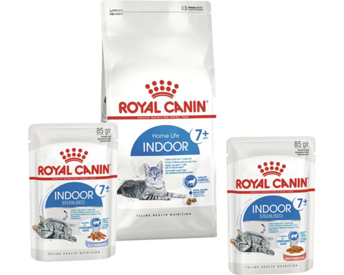 Výber krmiva pre mačky Royal Canin Indoor 7 plus obsahujúci jedno vrece granúl a dve kapsičky mokrého krmiva pre staršie mačky žijúce v byte.