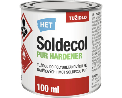 Tužidlo HET Soldecol PUR pre polyuretánové náterové hmoty v balení 100 mililitrov.