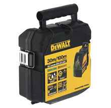 Samonivelačný krížový laser DeWalt v prepravnom kufríku s technickými údajmi a funkciami na obale.