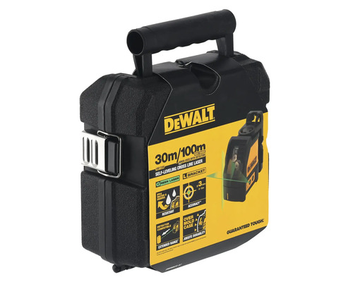 Samonivelačný krížový laser DeWalt v prepravnom kufríku s technickými údajmi a funkciami na obale.