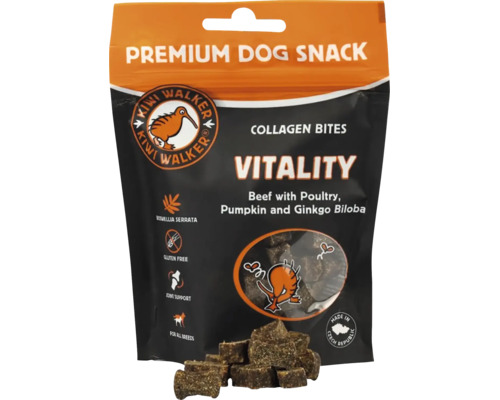 Pamlsek pre psov Kiwi Walker Premium Vitality s hovädzím hydinou tekvicou a ginkgo biloba pre všetky plemená v uzatvárateľnom vrecku