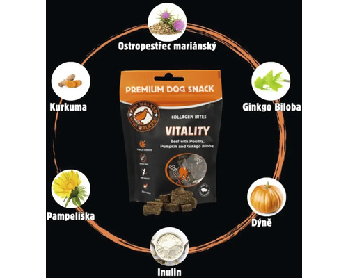 Pochutky pre psov Kiwi Walker Vitality kolagenove s hovadzim hydinou tekvicou a ginkgo biloba v baleni