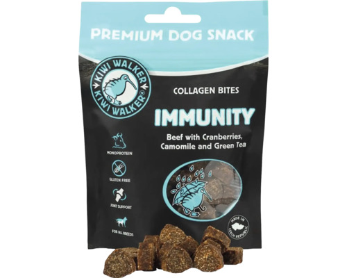 Pamlsek pre psov Kiwi Walker Premium Collagen Bites Immunity hovädzie s brusnicami harmančekom a zeleným čajom pre všetky plemená