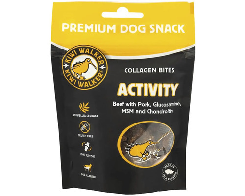 Maškrta pre psov Kiwi Walker Premium Collagen Bites Activity s hovädzím bravčovým mäsom glukosamínom MSM a chondroitínom v obale