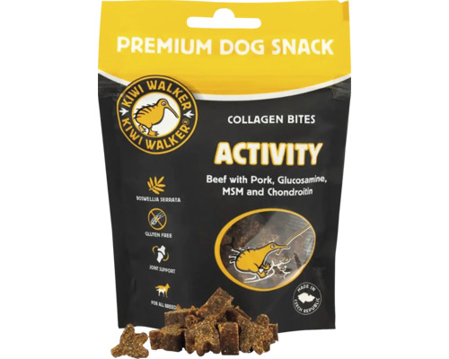 Kiwi Walker prémiová pochúťka pre psov Collagen Bites Activity s hovädzím a bravčovým mäsom na podporu kĺbov v balení 150 gramov