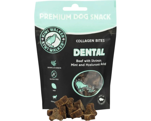 Pamlsky pre psov Kiwi Walker Premium Dental Collagen Bites s hovädzím mäsom, krevetami, mätou a kyselinou hyalurónovou, bez lepku.