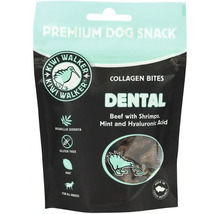 Pamlsky pre psov Kiwi Walker Dental Premium s hovädzím mäsom, krevetami, mätou a kyselinou hyalurónovou v uzatvárateľnom vrecku.