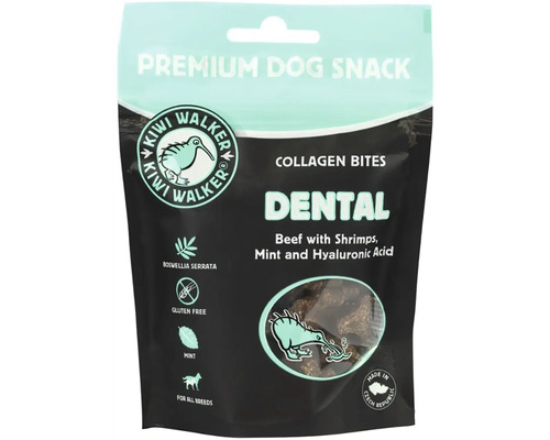 Pamlsky pre psov Kiwi Walker Dental Premium s hovädzím mäsom, krevetami, mätou a kyselinou hyalurónovou v uzatvárateľnom vrecku.