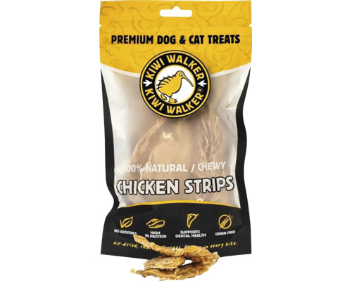 Pamlsovej pre psov a mačky Kiwi Walker Chicken Strips, prírodné kuracie prúžky bez prísad, bez obilnín a bohaté na bielkoviny.