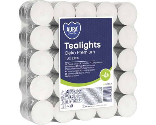 Balenie 100 kusov čajových sviečok Aura Candles s dobou horenia štyri hodiny v priehľadnom obale