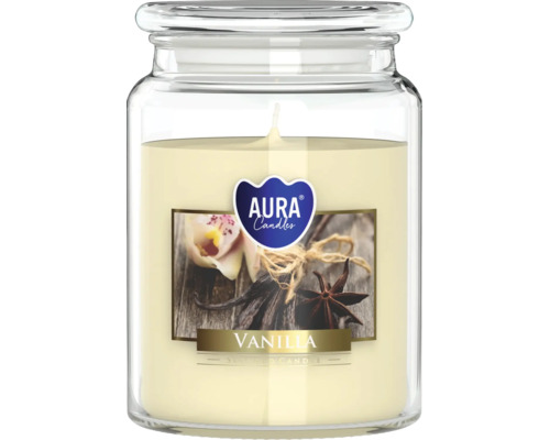 Vonná sviečka v skle Aura Candles vanilka so štítkom a skleneným vrchnákom