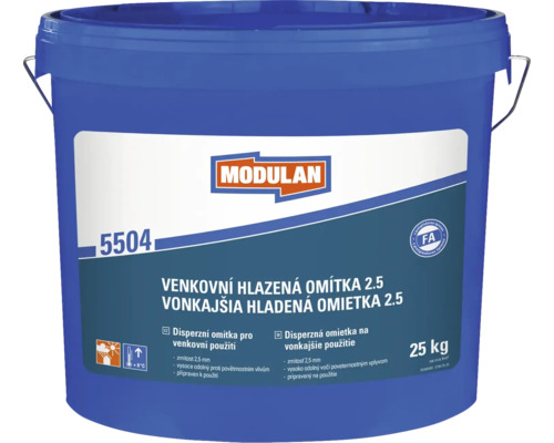 Modulan 5504 vonkajšia hladená omietka v 25 kg vedre so zrnitosťou 2,5 milimetra na vonkajšie použitie.
