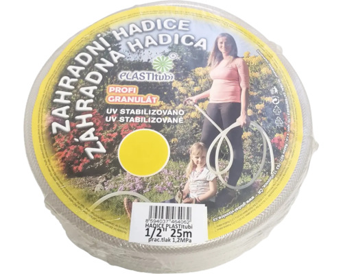 Záhradná hadica PLASTItubi s textilným výpletom, priemer 1/2 palca, dĺžka 25 metrov, UV stabilizovaná pre zavlažovanie záhrady.