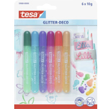 Sada šiestich trblietavých pier Tesa Glitter-Deco s obsahom 10 gramov na kreatívne tvorenie na papier, kartón a ďalšie materiály.