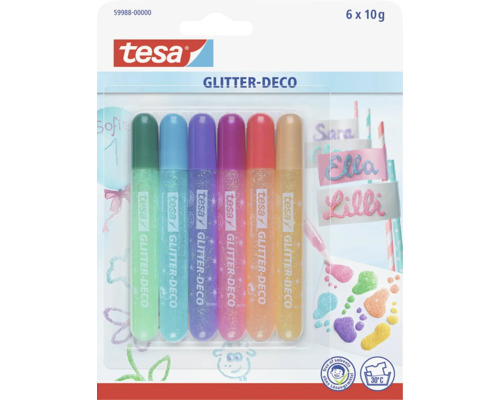 Sada šiestich trblietavých pier Tesa Glitter-Deco s obsahom 10 gramov na kreatívne tvorenie na papier, kartón a ďalšie materiály.