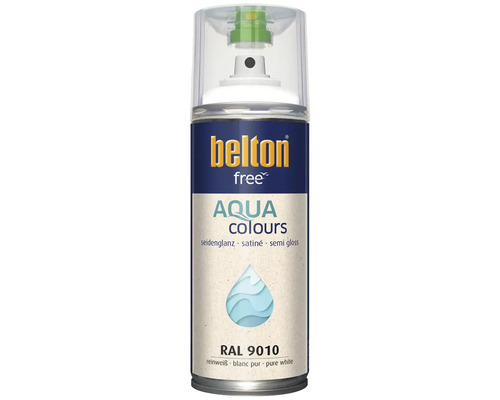 Sprejový lak Belton free Aqua Colours v čisto bielej hodvábne lesklej farbe RAL 9010