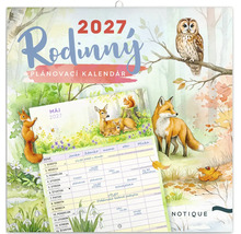 Nástenný rodinný plánovací kalendár 2027 s ilustráciami lesných zvierat na organizáciu termínov